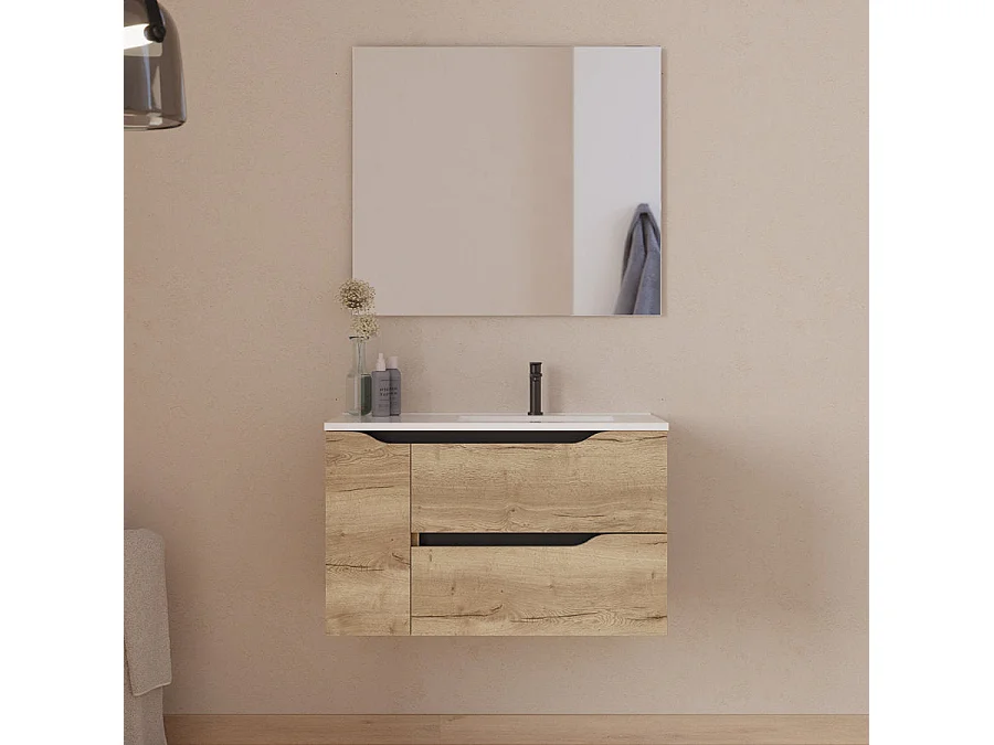 Meuble de salle de bain 80cm avec vasque déportée à droite et miroir - 2 tiroirs et un placard - madera miel (bois clair) - ZARZA