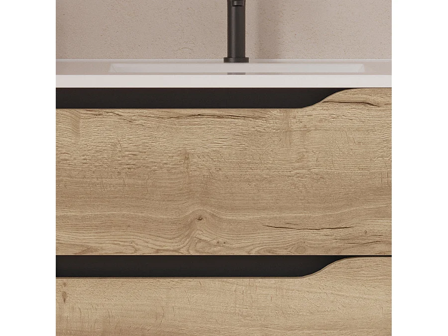 Meuble de salle de bain 80cm avec vasque déportée à droite et miroir - 2 tiroirs et un placard - madera miel (bois clair) - ZARZA