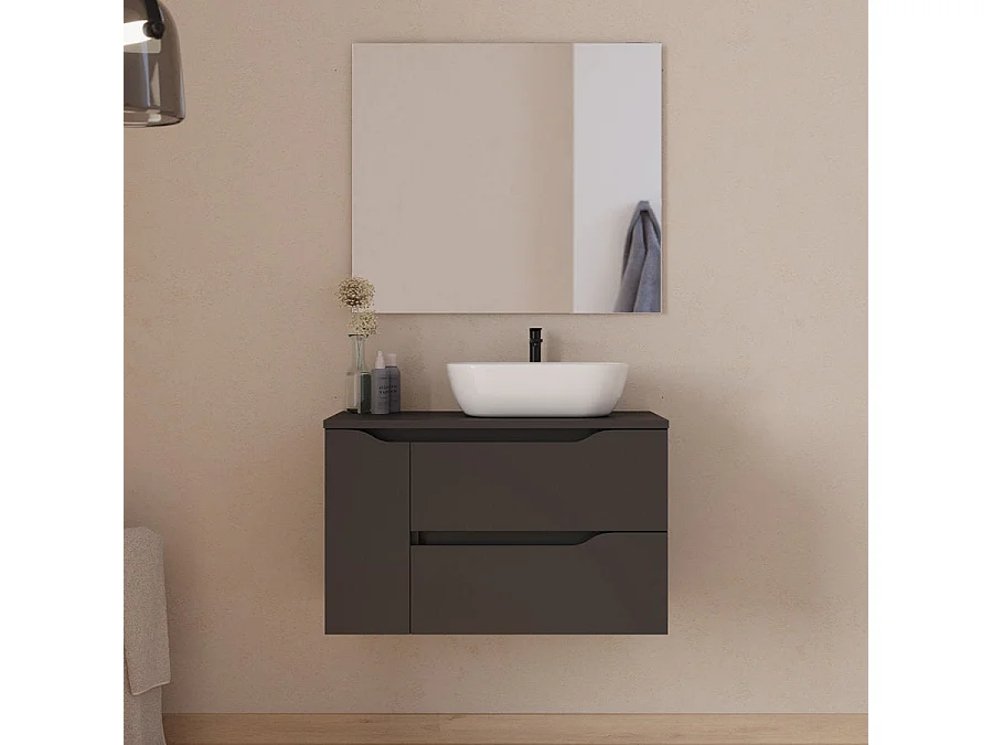 Meuble de salle de bain 80cm avec plateau, vasque à poser déportée à droite Zeus et miroir - 2 tiroirs et un placard - noir - ZARZA