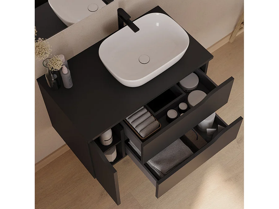 Meuble de salle de bain 80cm avec plateau, vasque à poser déportée à droite Zeus et miroir - 2 tiroirs et un placard - noir - ZARZA