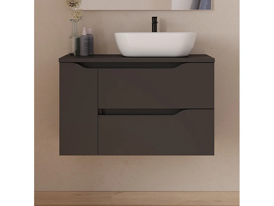 Meuble de salle de bain 80cm avec plateau, vasque à poser déportée à droite Zeus et miroir - 2 tiroirs et un placard - noir - ZARZA