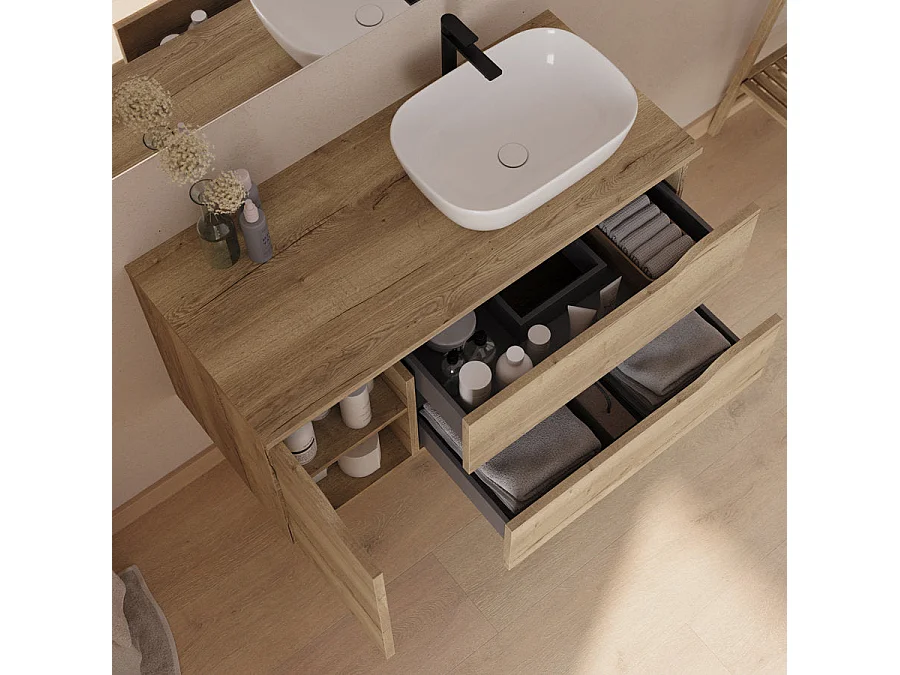 Meuble de salle de bain 100cm avec plateau et vasque à poser à droite Zeus - sans miroir - 2 tiroirs et un placard - madera miel (bois clair) - ZARZA