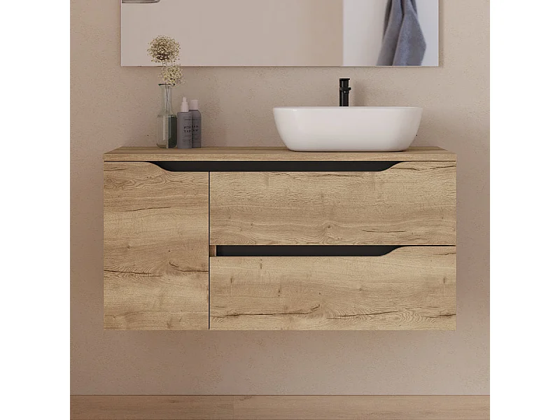 Meuble de salle de bain 100cm avec plateau et vasque à poser à droite Zeus - sans miroir - 2 tiroirs et un placard - madera miel (bois clair) - ZARZA