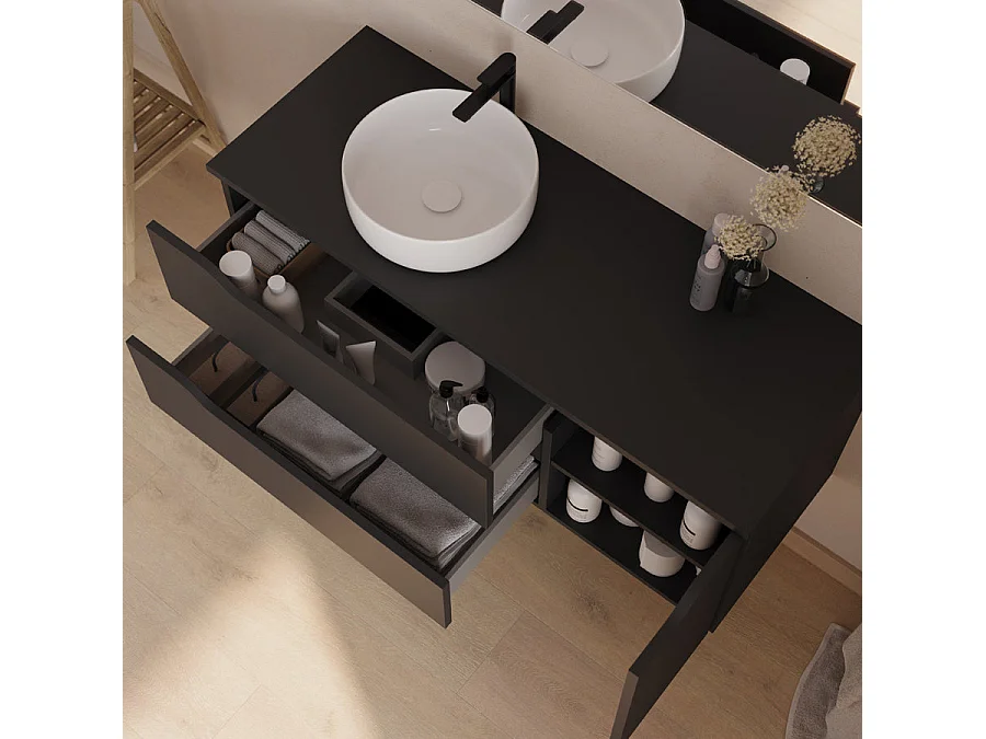 Meuble de salle de bain 120cm avec plateau, vasque à poser déportée à gauche Ares et miroir - 2 tiroirs et un placard - noir - ZARZA