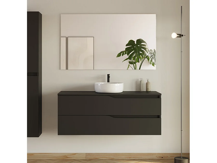 Meuble de salle de bain 120cm avec plateau et vasque ronde Ares - 2 tiroirs et colonne de rangement - noir mat - LUNA