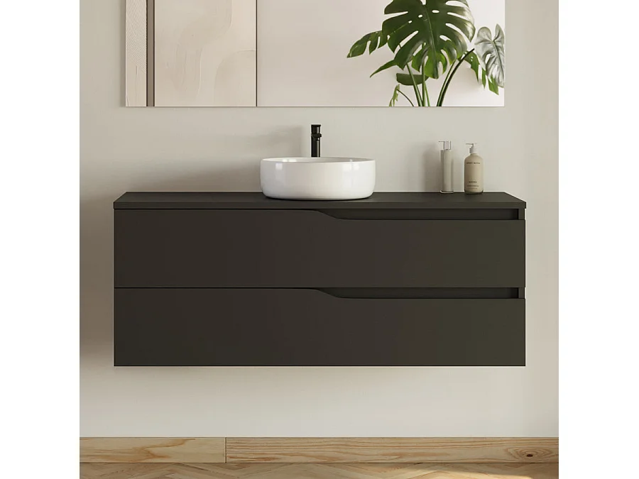 Meuble de salle de bain 120cm avec plateau et vasque ronde Ares - 2 tiroirs et colonne de rangement - noir mat - LUNA