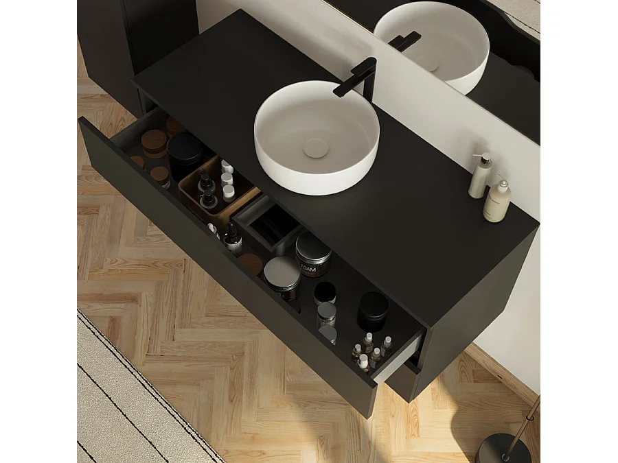 Meuble de salle de bain 120cm avec plateau et vasque ronde Ares - 2 tiroirs et colonne de rangement - noir mat - LUNA