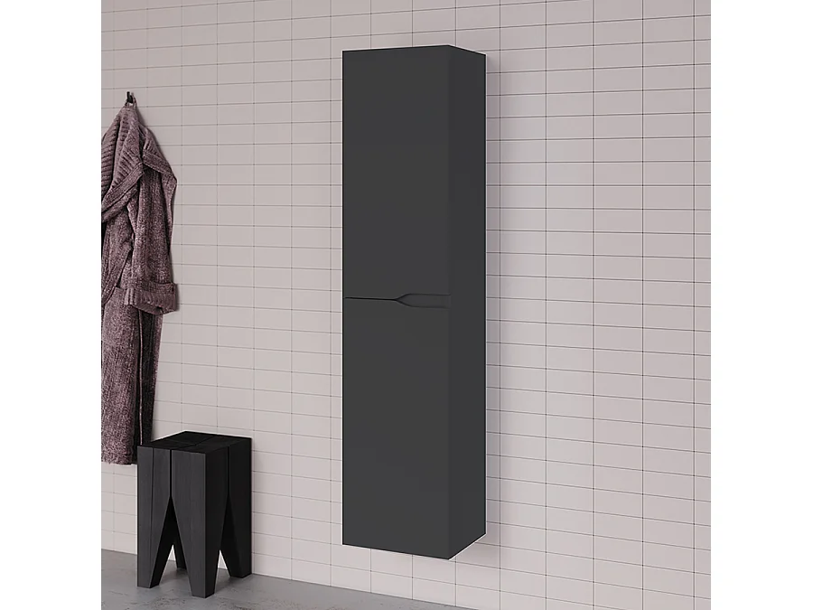 Meuble de salle de bain 120cm avec plateau et vasque ronde Ares - 2 tiroirs et colonne de rangement - noir mat - LUNA