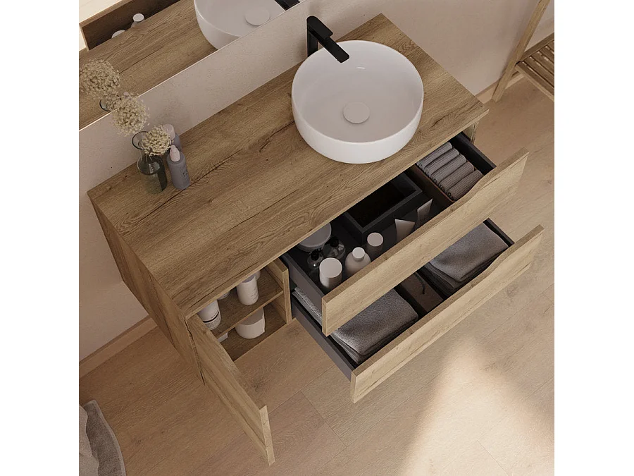 Meuble de salle de bain 100cm avec plateau et vasque à poser à droite Ares - sans miroir - 2 tiroirs et un placard - madera miel (bois clair) - ZARZA