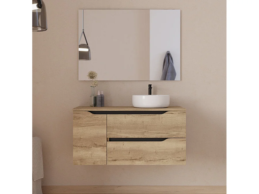 Meuble de salle de bain 100cm avec plateau et vasque à poser à droite Ares - sans miroir - 2 tiroirs et un placard - madera miel (bois clair) - ZARZA