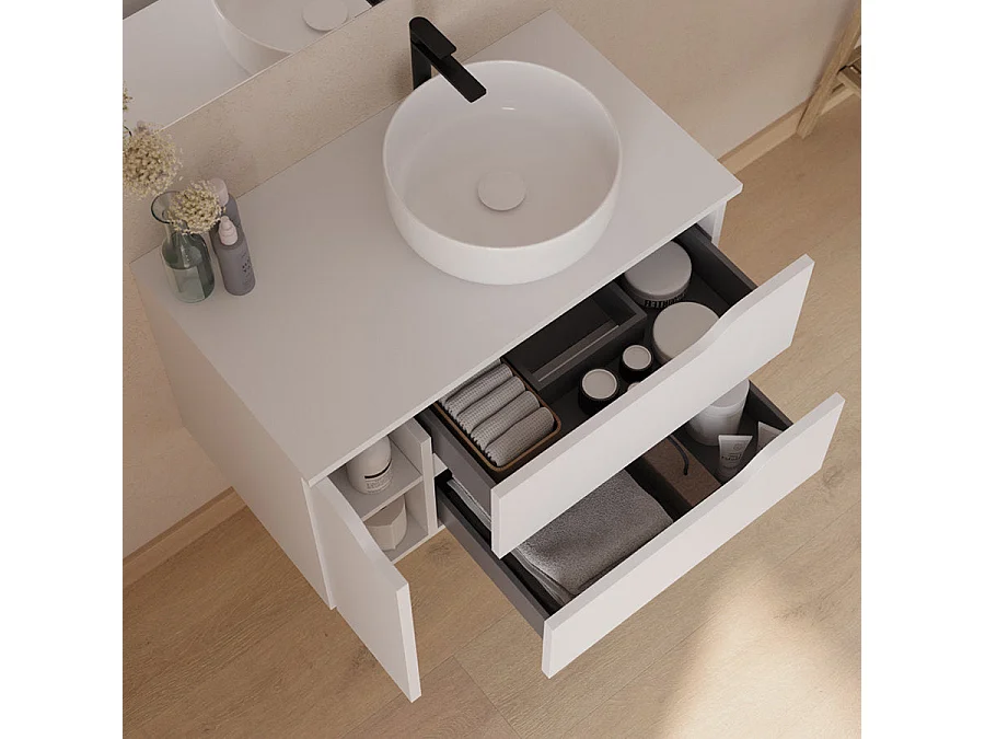 Meuble de salle de bain 80cm avec plateau, vasque à poser déportée à droite Ares et miroir - 2 tiroirs et un placard - blanc - ZARZA