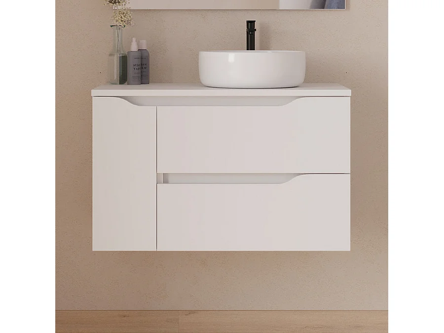 Meuble de salle de bain 80cm avec plateau, vasque à poser déportée à droite Ares et miroir - 2 tiroirs et un placard - blanc - ZARZA