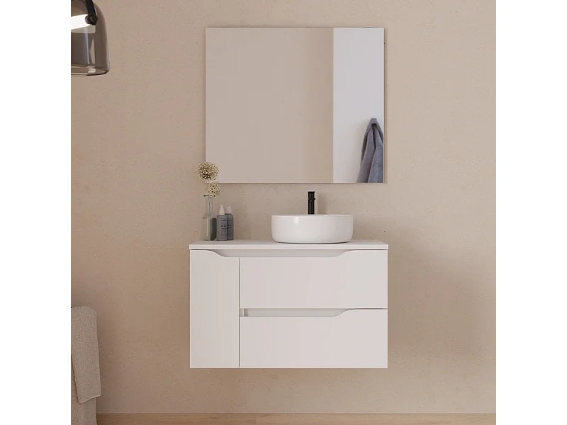 Meuble de salle de bain 80cm avec plateau, vasque à poser déportée à droite Ares et miroir - 2 tiroirs et un placard - blanc - ZARZA