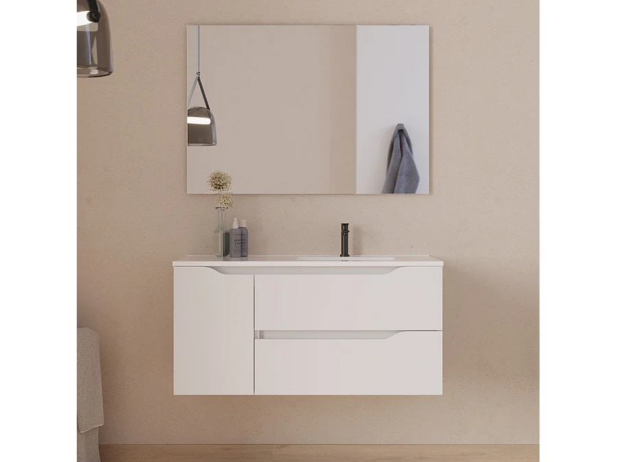 Meuble de salle de bain 100cm avec vasque déportée à droite et miroir - 2 tiroirs et un placard - blanc - ZARZA