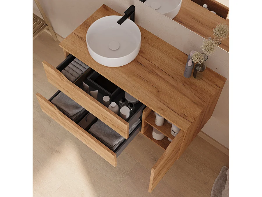 Meuble de salle de bain 100cm avec plateau, vasque à poser déportée à gauche Ares et miroir - 2 tiroirs et un placard - roble (chêne clair) - ZARZA