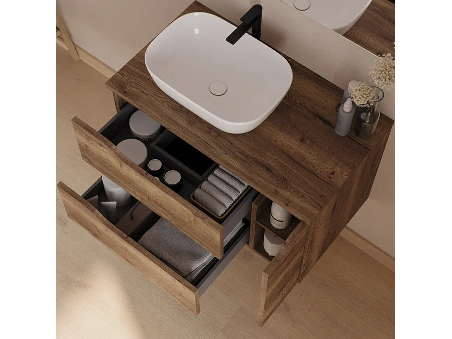 Meuble de salle de bain 80cm avec plateau, vasque à poser déportée à gauche Zeus et miroir - 2 tiroirs et un placard - tabaco (bois foncé) - ZARZA