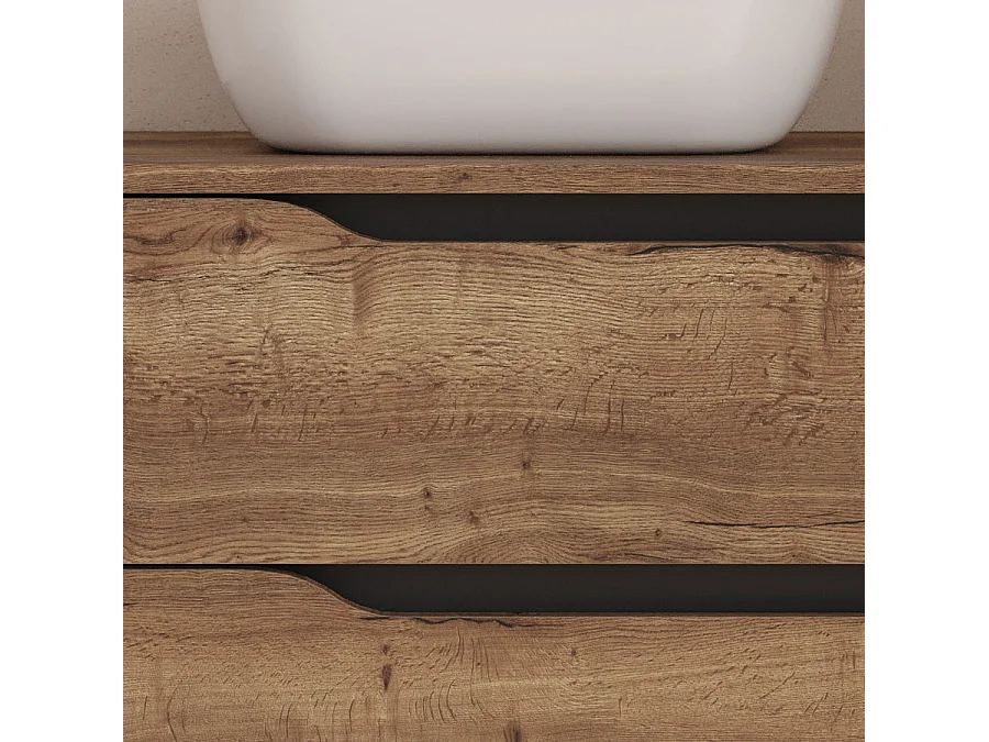 Meuble de salle de bain 80cm avec plateau, vasque à poser déportée à gauche Zeus et miroir - 2 tiroirs et un placard - tabaco (bois foncé) - ZARZA