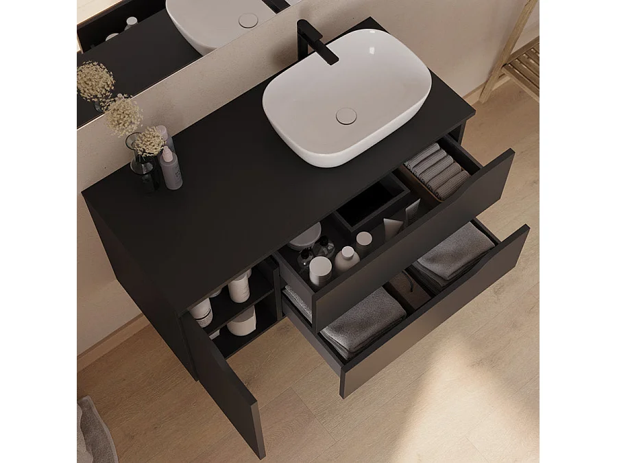 Meuble de salle de bain 100cm avec plateau, vasque à poser déportée à droite Zeus et miroir - 2 tiroirs et un placard - noir - ZARZA