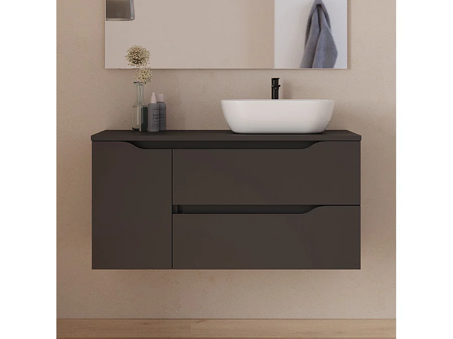 Meuble de salle de bain 100cm avec plateau, vasque à poser déportée à droite Zeus et miroir - 2 tiroirs et un placard - noir - ZARZA
