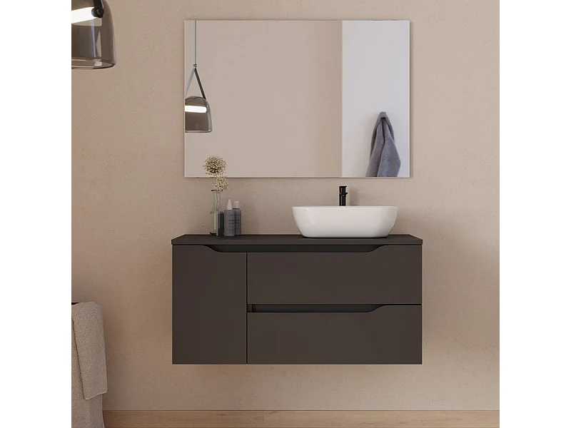 Meuble de salle de bain 100cm avec plateau, vasque à poser déportée à droite Zeus et miroir - 2 tiroirs et un placard - noir - ZARZA