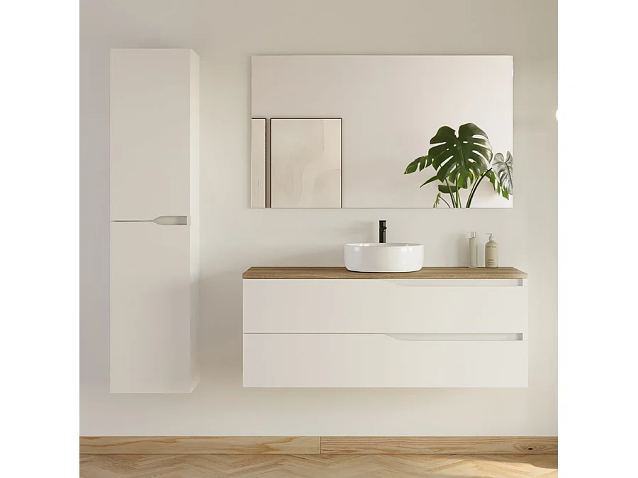 Meuble de salle de bain 120cm avec plateau et vasque ronde Ares - 2 tiroirs et colonne de rangement - blanc mat/medera miel - LUNA