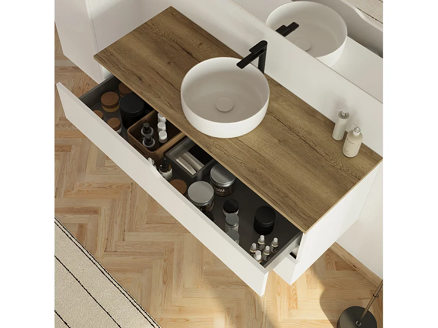 Meuble de salle de bain 120cm avec plateau et vasque ronde Ares - 2 tiroirs et colonne de rangement - blanc mat/medera miel - LUNA