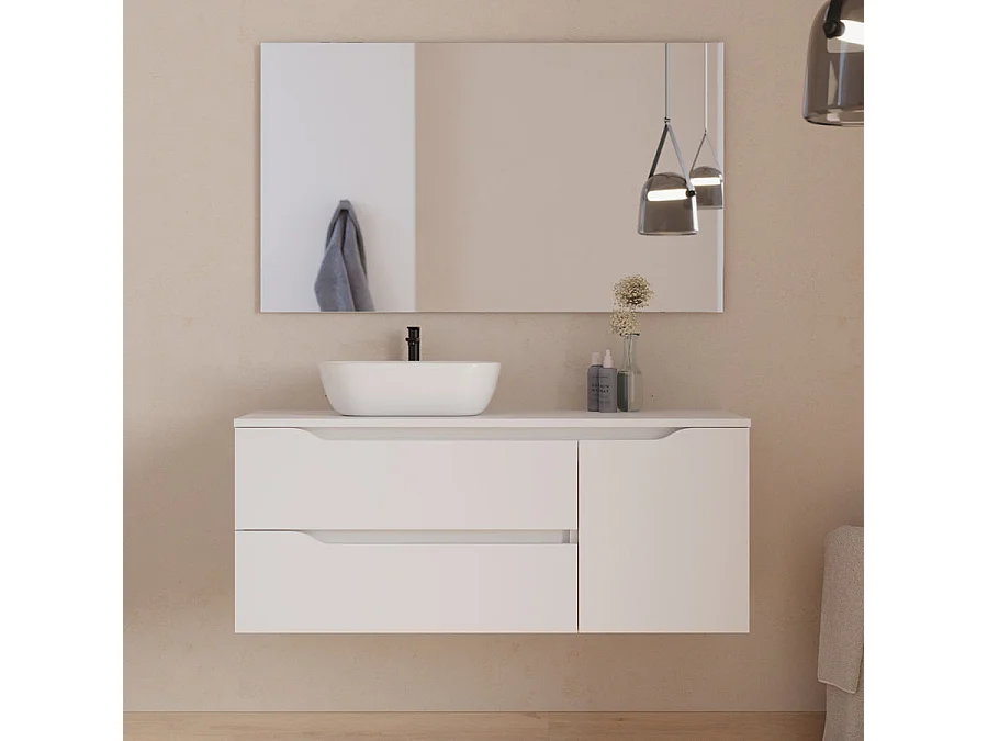 Meuble de salle de bain 120cm avec plateau et vasque à poser à gauche Zeus - sans miroir - 2 tiroirs et un placard - blanc - ZARZA