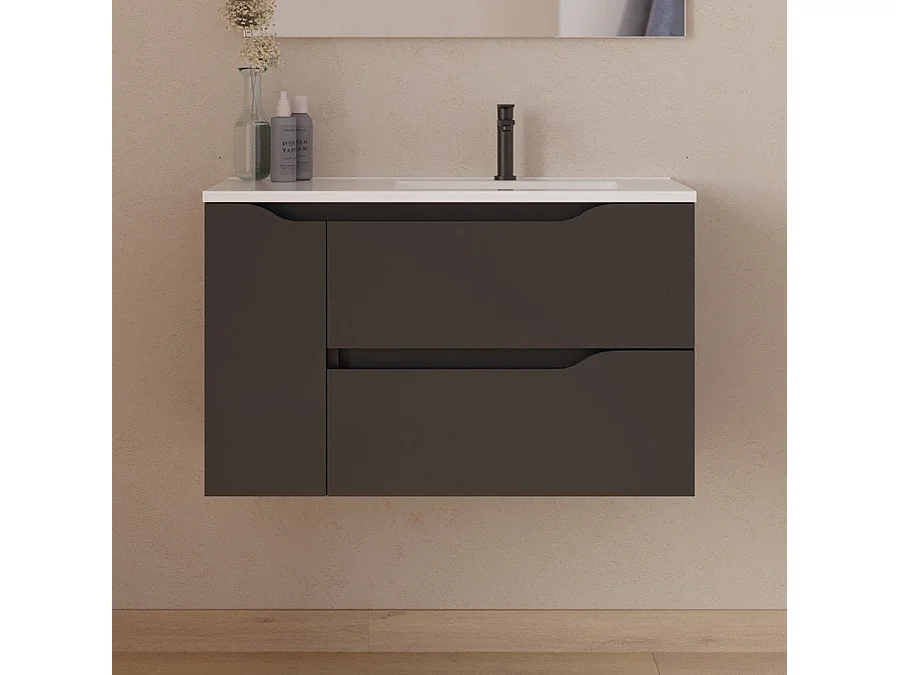 Meuble de salle de bain 80cm avec vasque déportée à droite - sans miroir - 2 tiroirs et un placard - noir - ZARZA