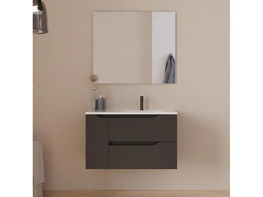 Meuble de salle de bain 80cm avec vasque déportée à droite - sans miroir - 2 tiroirs et un placard - noir - ZARZA