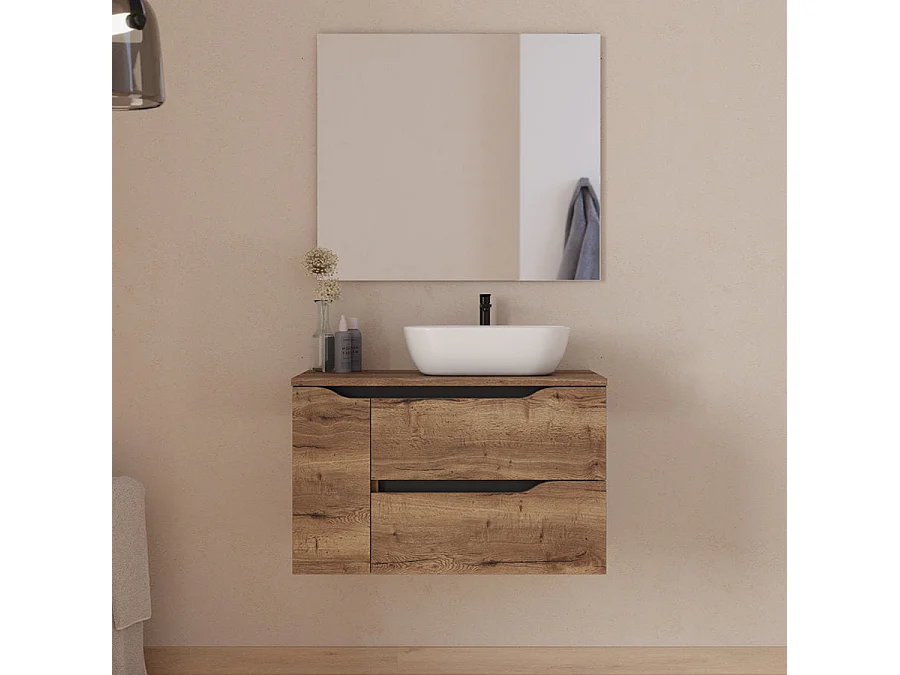 Meuble de salle de bain 80cm avec plateau, vasque à poser déportée à droite Zeus et miroir - 2 tiroirs et un placard - tabaco (bois foncé) - ZARZA