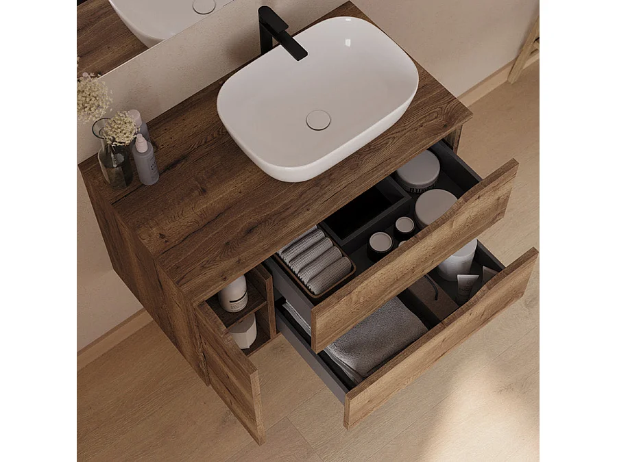 Meuble de salle de bain 80cm avec plateau, vasque à poser déportée à droite Zeus et miroir - 2 tiroirs et un placard - tabaco (bois foncé) - ZARZA