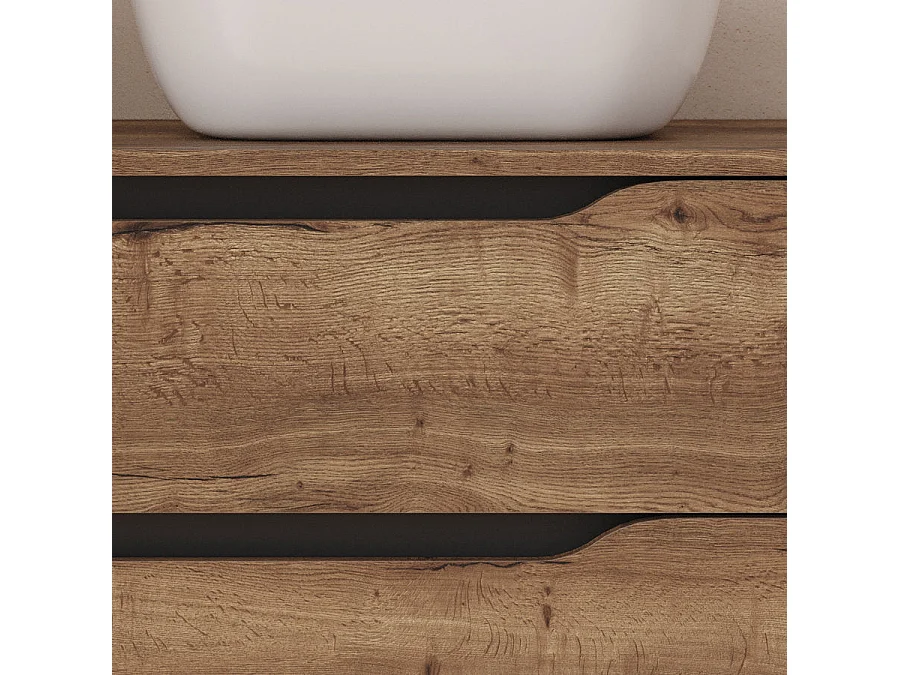 Meuble de salle de bain 80cm avec plateau, vasque à poser déportée à droite Zeus et miroir - 2 tiroirs et un placard - tabaco (bois foncé) - ZARZA