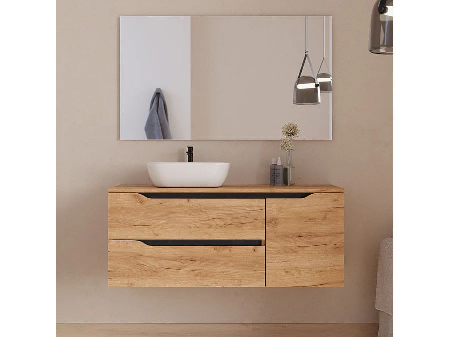 Meuble de salle de bain 120cm avec plateau, vasque à poser déportée à gauche Zeus et miroir - 2 tiroirs et un placard - roble (chêne clair) - ZARZA