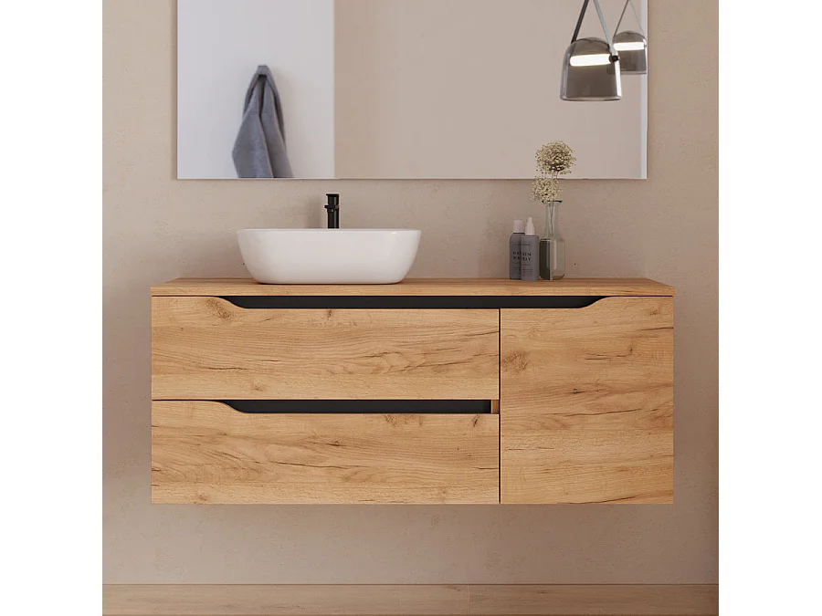 Meuble de salle de bain 120cm avec plateau, vasque à poser déportée à gauche Zeus et miroir - 2 tiroirs et un placard - roble (chêne clair) - ZARZA