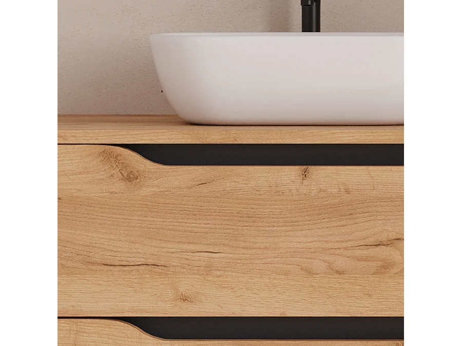 Meuble de salle de bain 120cm avec plateau, vasque à poser déportée à gauche Zeus et miroir - 2 tiroirs et un placard - roble (chêne clair) - ZARZA