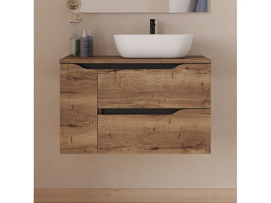 Meuble de salle de bain 80cm avec plateau et vasque à poser à droite Zeus - sans miroir - 2 tiroirs et un placard - tabaco (bois foncé) - ZARZA