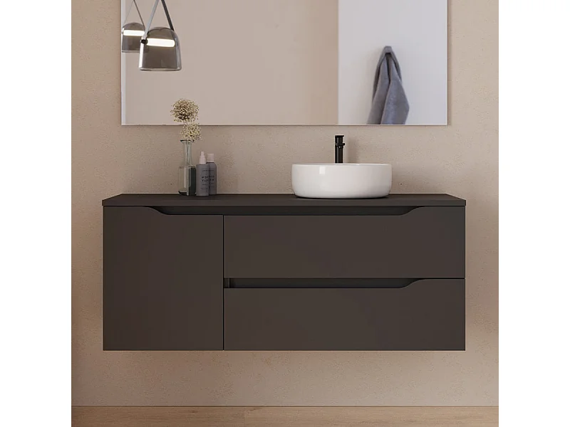 Meuble de salle de bain 120cm avec plateau et vasque à poser à droite Ares - sans miroir - 2 tiroirs et un placard - noir - ZARZA