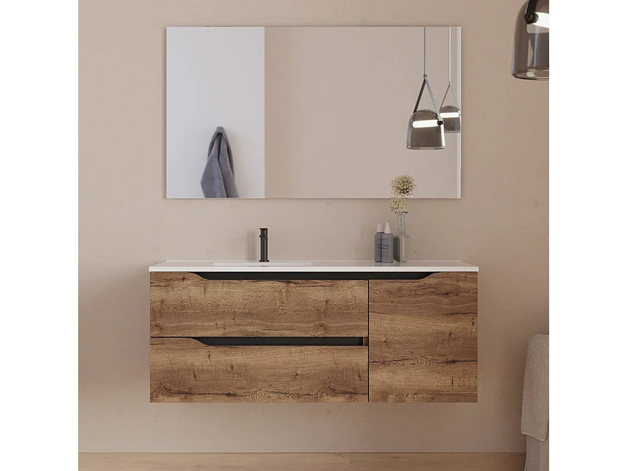 Meuble de salle de bain 120cm avec vasque déportée à gauche et miroir - 2 tiroirs et un placard - tabaco (bois foncé) - ZARZA