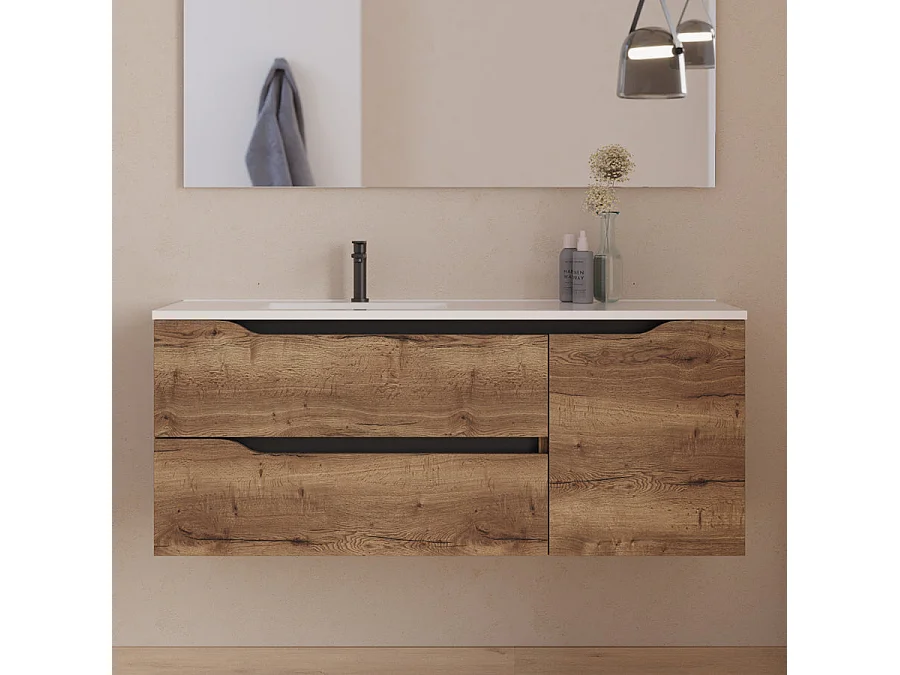 Meuble de salle de bain 120cm avec vasque déportée à gauche et miroir - 2 tiroirs et un placard - tabaco (bois foncé) - ZARZA