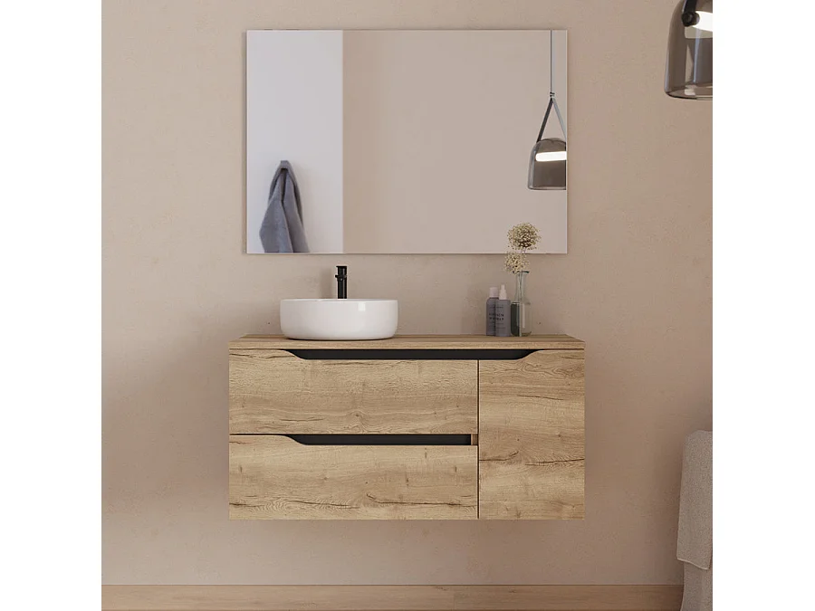 Meuble de salle de bain 100cm avec plateau, vasque à poser déportée à gauche Ares et miroir - 2 tiroirs et un placard - madera miel (bois clair) - ZARZA