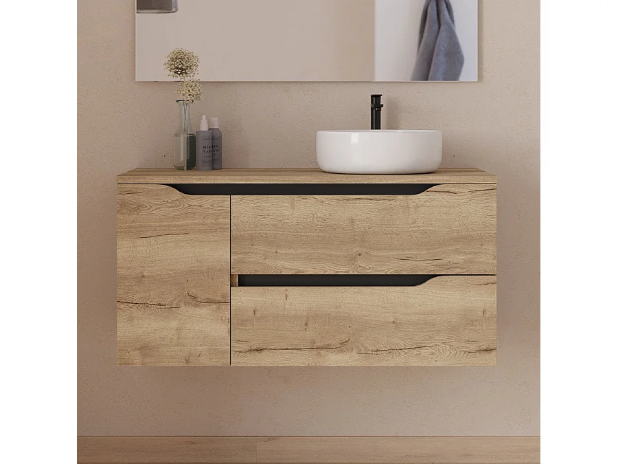 Meuble de salle de bain 100cm avec plateau, vasque à poser déportée à droite Ares et miroir - 2 tiroirs et un placard - madera miel (bois clair) - ZARZA