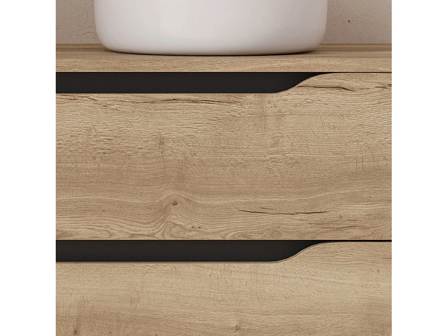 Meuble de salle de bain 100cm avec plateau, vasque à poser déportée à droite Ares et miroir - 2 tiroirs et un placard - madera miel (bois clair) - ZARZA