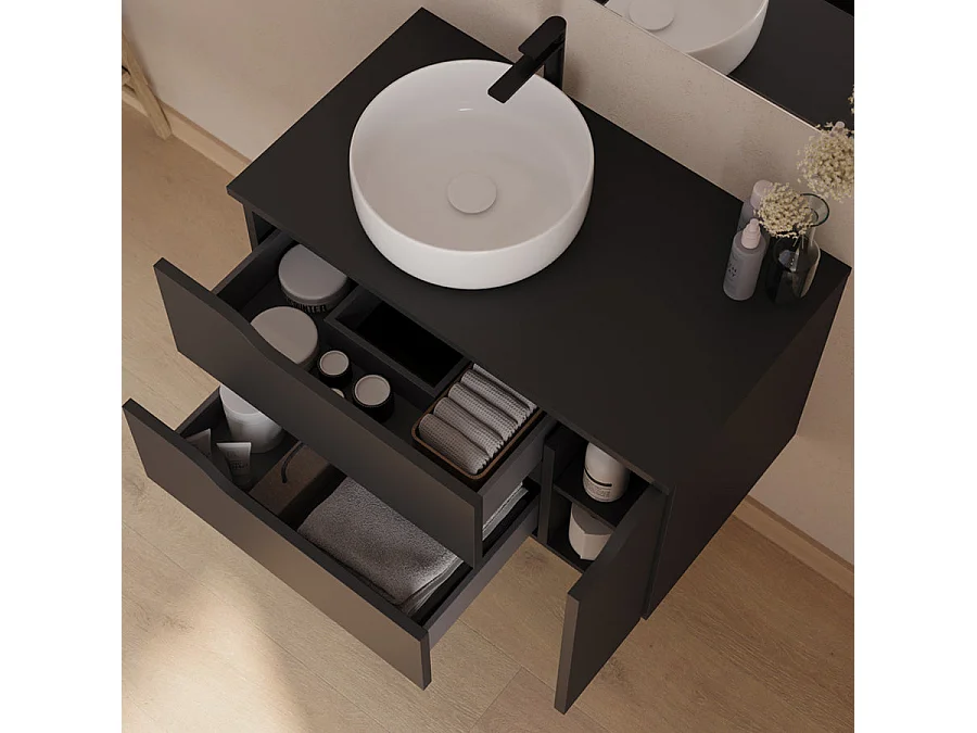 Meuble de salle de bain 80cm avec plateau, vasque à poser déportée à gauche Ares et miroir - 2 tiroirs et un placard - noir - ZARZA