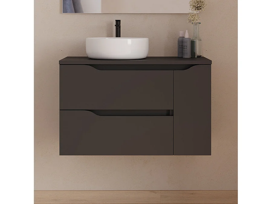 Meuble de salle de bain 80cm avec plateau, vasque à poser déportée à gauche Ares et miroir - 2 tiroirs et un placard - noir - ZARZA