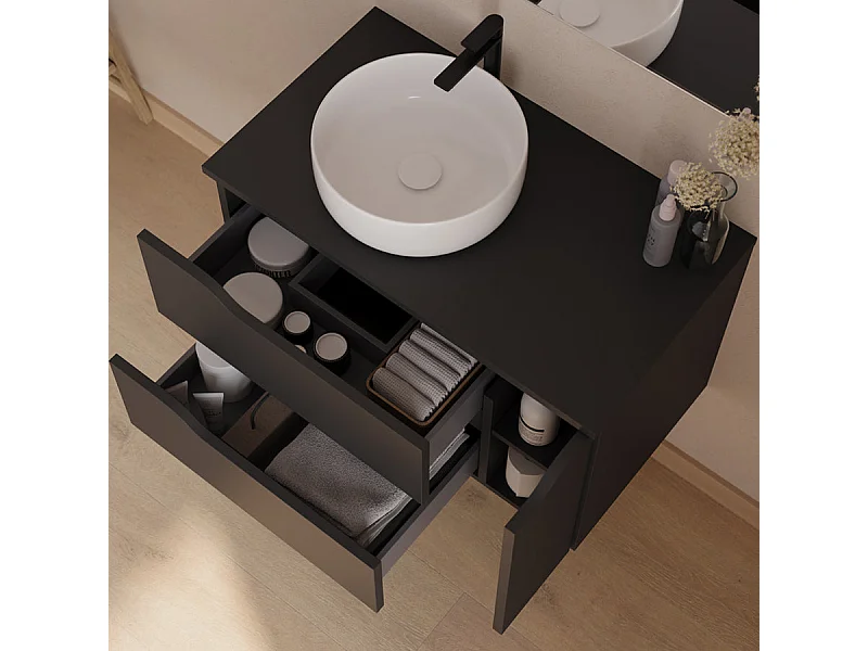 Meuble de salle de bain 80cm avec plateau, vasque à poser déportée à gauche Ares et miroir - 2 tiroirs et un placard - noir - ZARZA