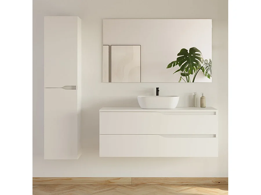Meuble de salle de bain 120cm avec plateau et vasque ronde Zeus - 2 tiroirs et colonne de rangement - blanc mat - LUNA