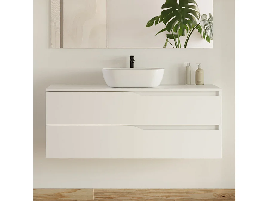 Meuble de salle de bain 120cm avec plateau et vasque ronde Zeus - 2 tiroirs et colonne de rangement - blanc mat - LUNA