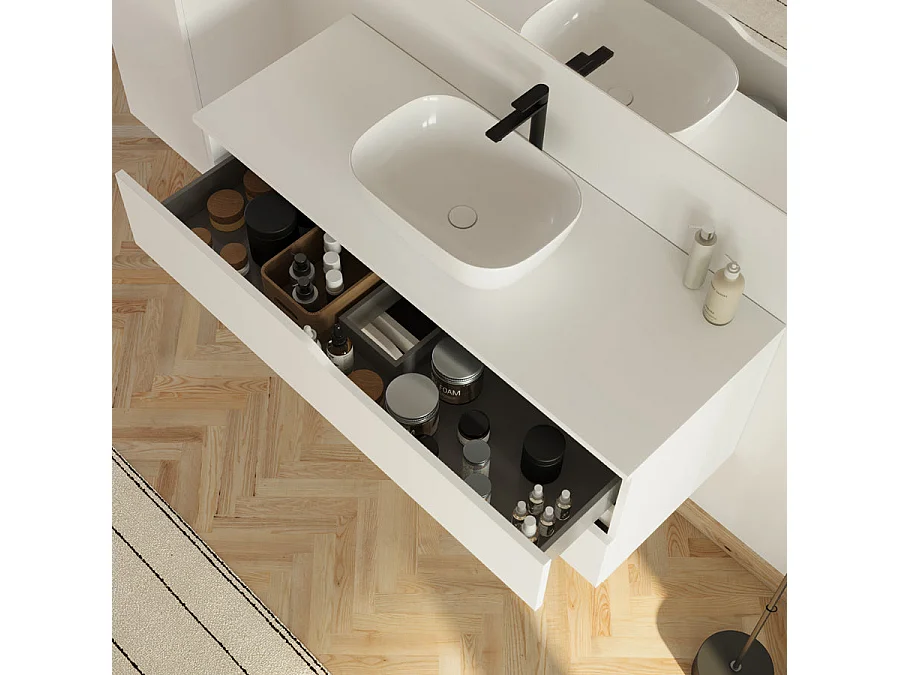 Meuble de salle de bain 120cm avec plateau et vasque ronde Zeus - 2 tiroirs et colonne de rangement - blanc mat - LUNA