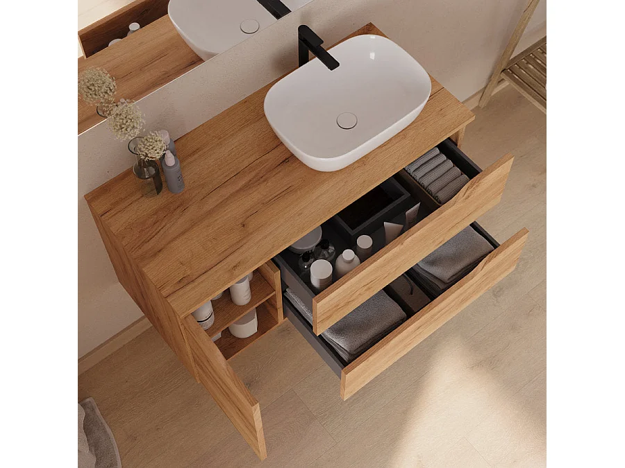 Meuble de salle de bain 100cm avec plateau et vasque à poser à droite Zeus - sans miroir - 2 tiroirs et un placard - roble (chêne clair) - ZARZA