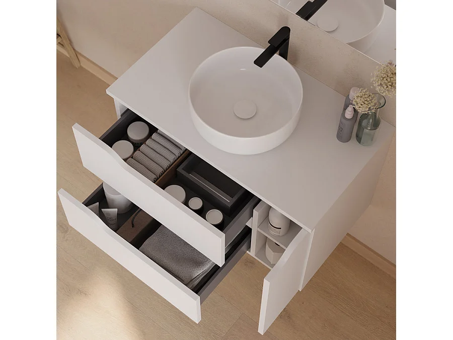 Meuble de salle de bain 80cm avec plateau, vasque à poser centrée Ares et miroir - 2 tiroirs et un placard - blanc - ZARZA
